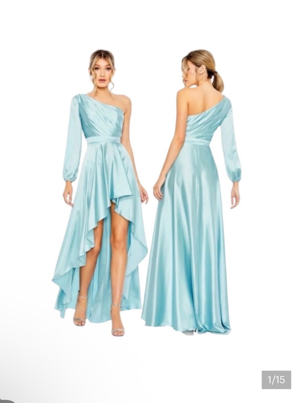 Mac Duggal One-Shoulder Satin Gown In Light Blue